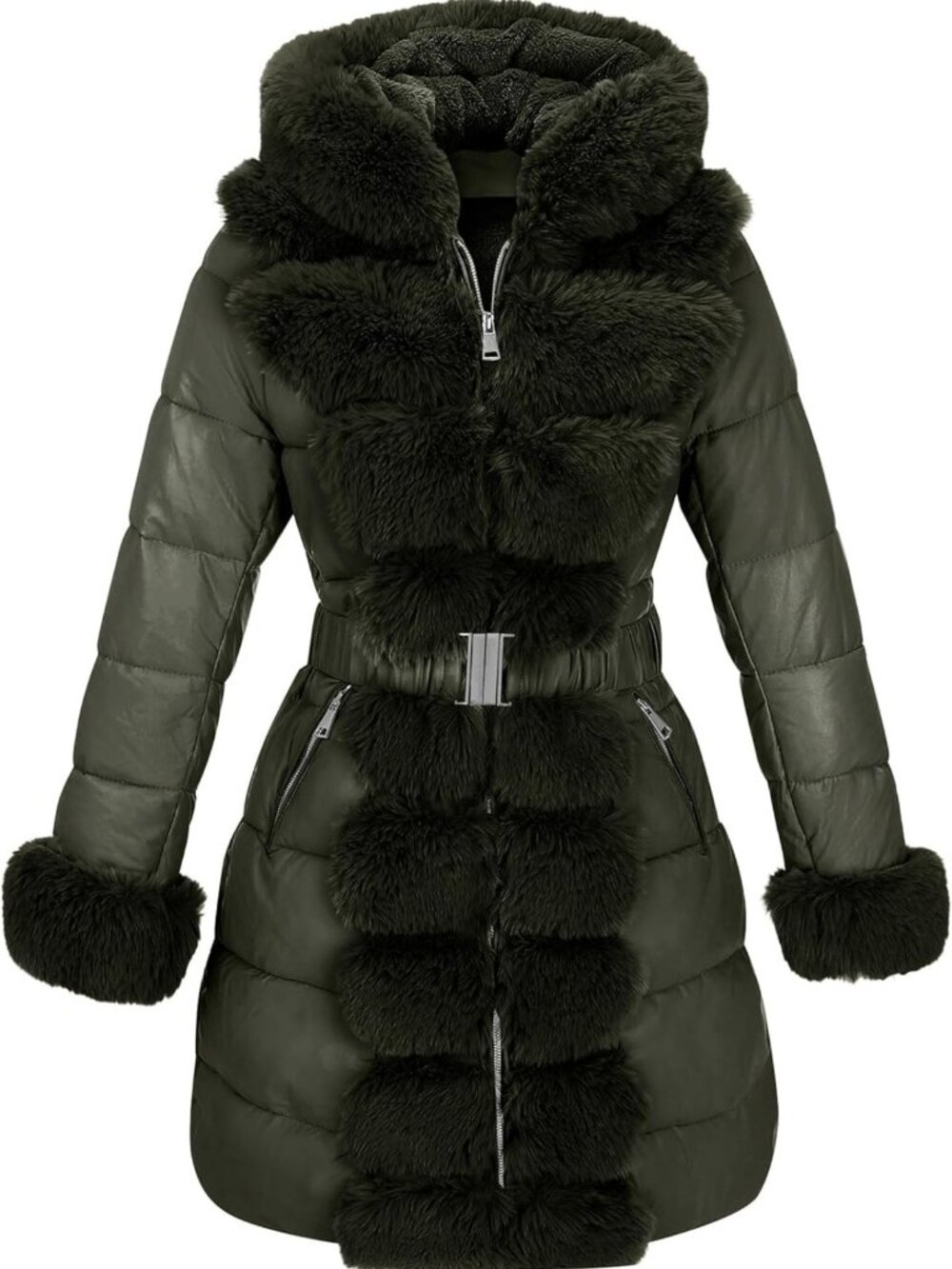 Cozy Cold-Resistant Winter Puffer Jacket with Fur Trim Hood, Warm Leather Coat